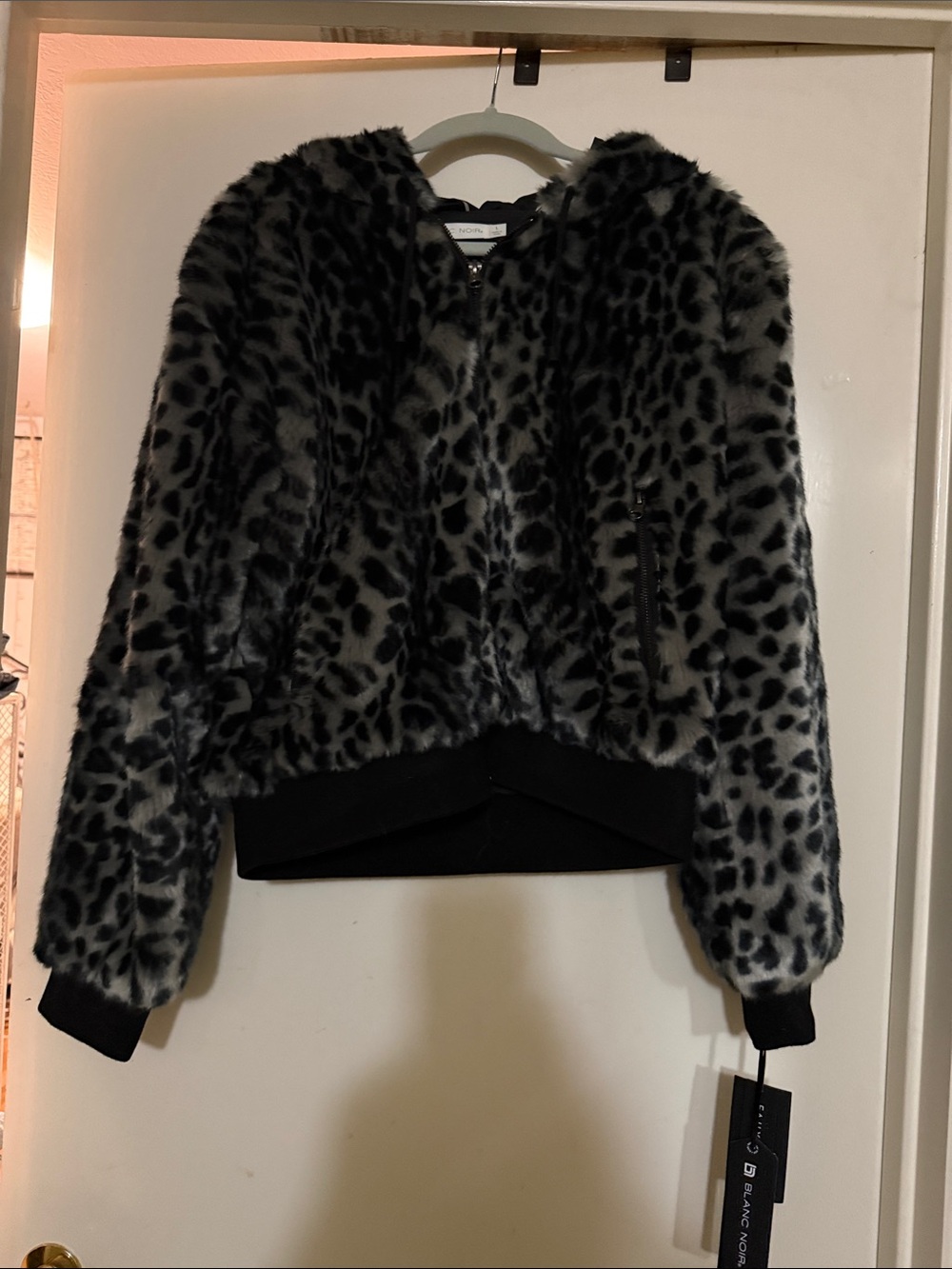 Blanc Noir Women’s Faux Fur Leopard Hooded Jacket - Black & Gray